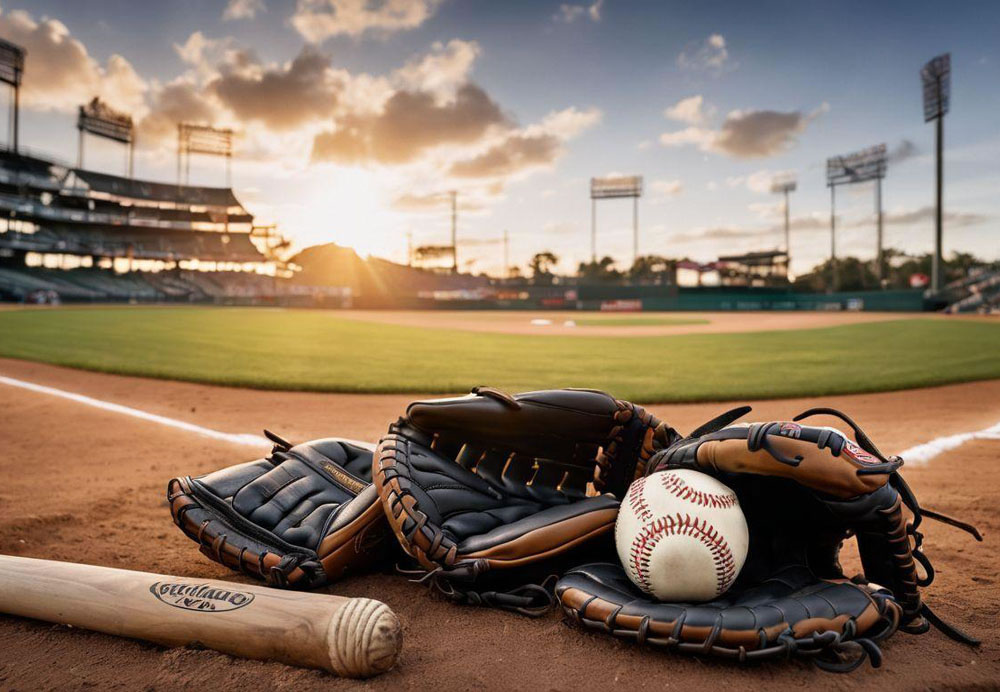Baseball gloves and baseballs on a field