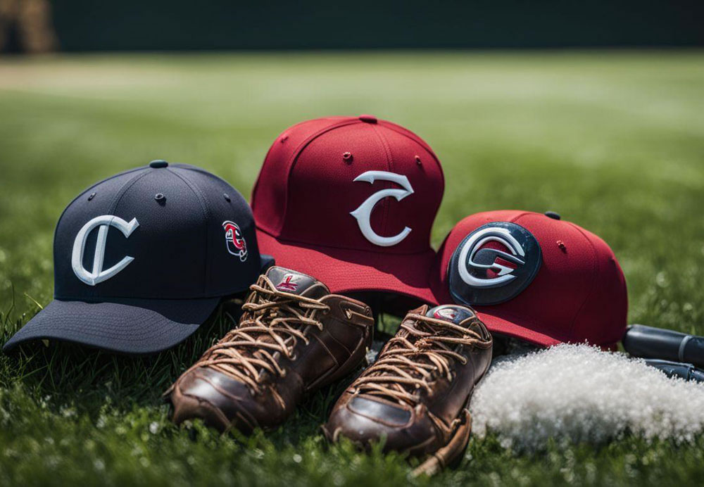 A group of baseball caps and shoes on grass