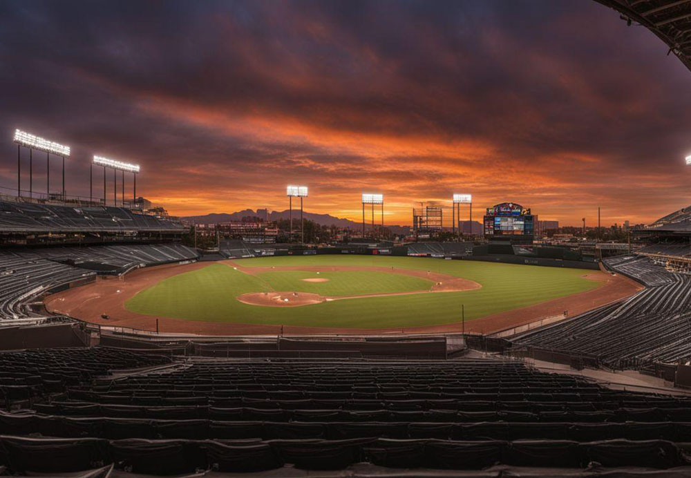 A baseball field with a sunset