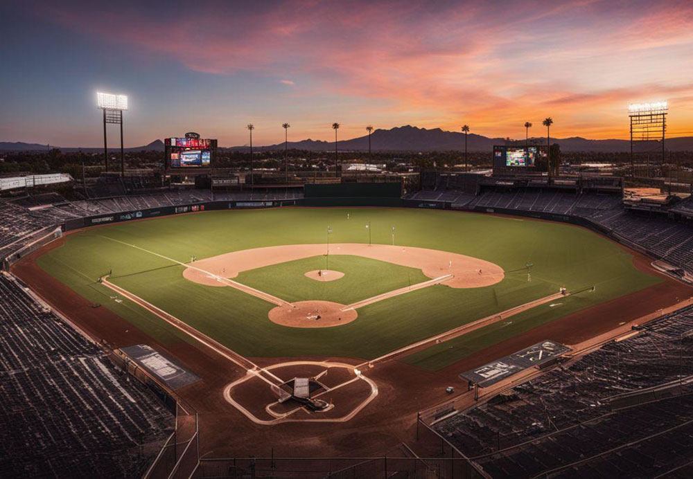 A baseball field with lights and a sunset