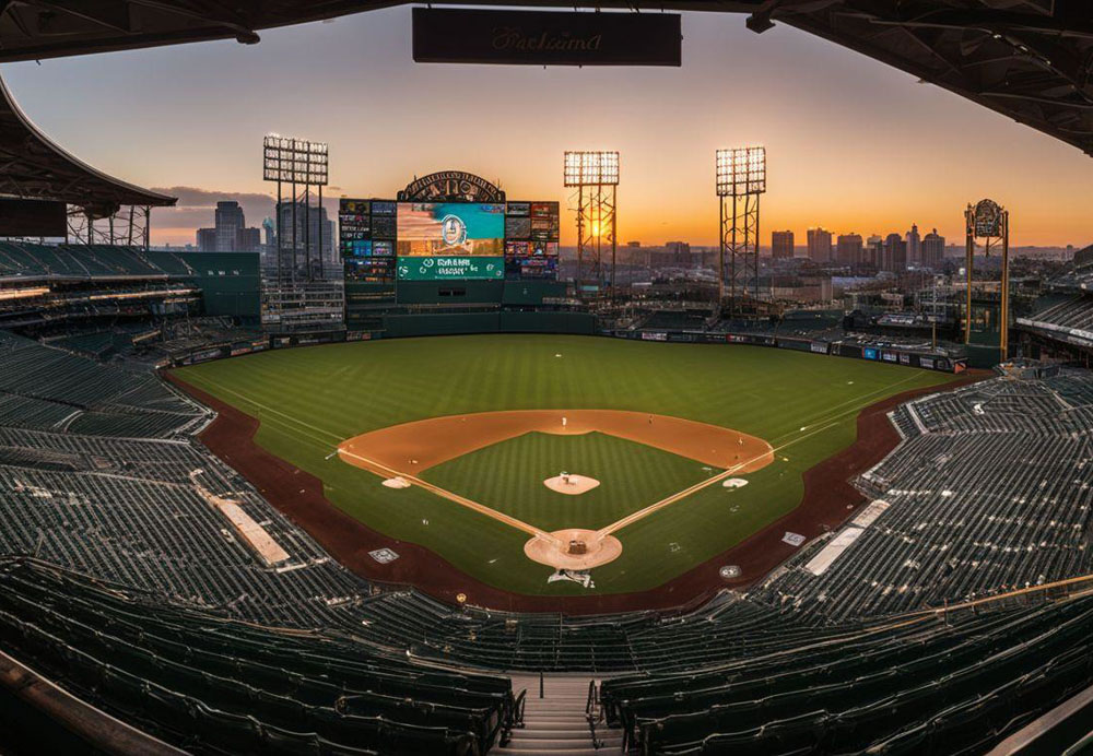 A baseball stadium with a city skyline in the background