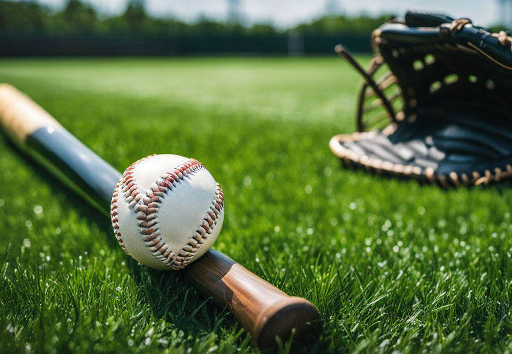 A baseball and bat on grass