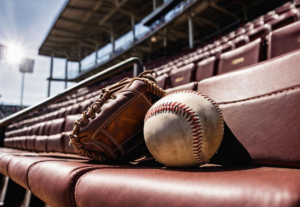 A baseball and glove on a bench in a stadium