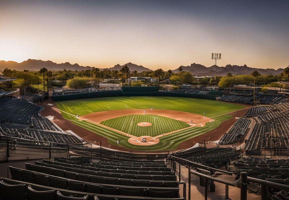A baseball field with a diamond and seats