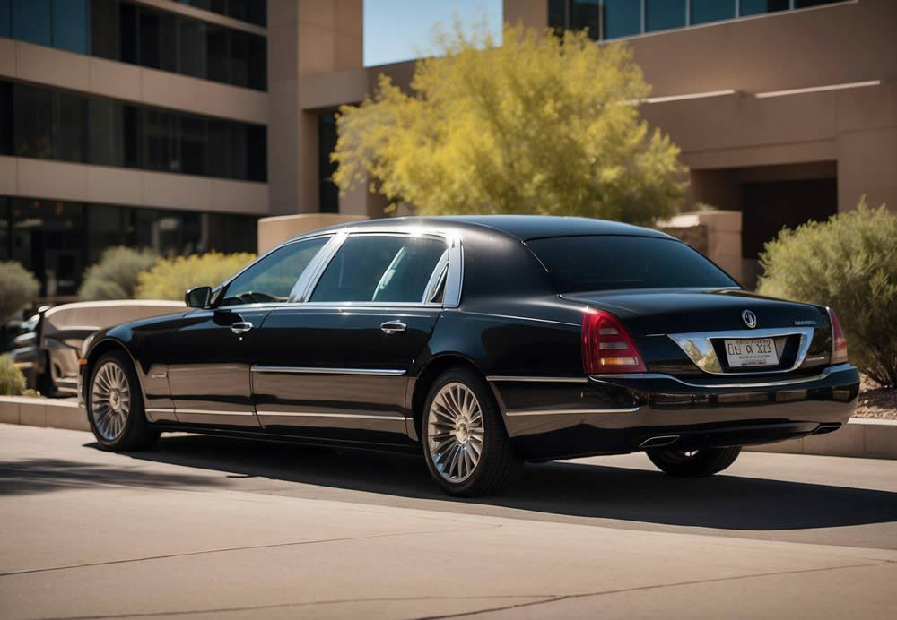 A sleek limousine pulls up to a modern office building in Scottsdale, Arizona. A group of professionals eagerly boards the vehicle, while a chauffeur stands by, ready to transport them in style