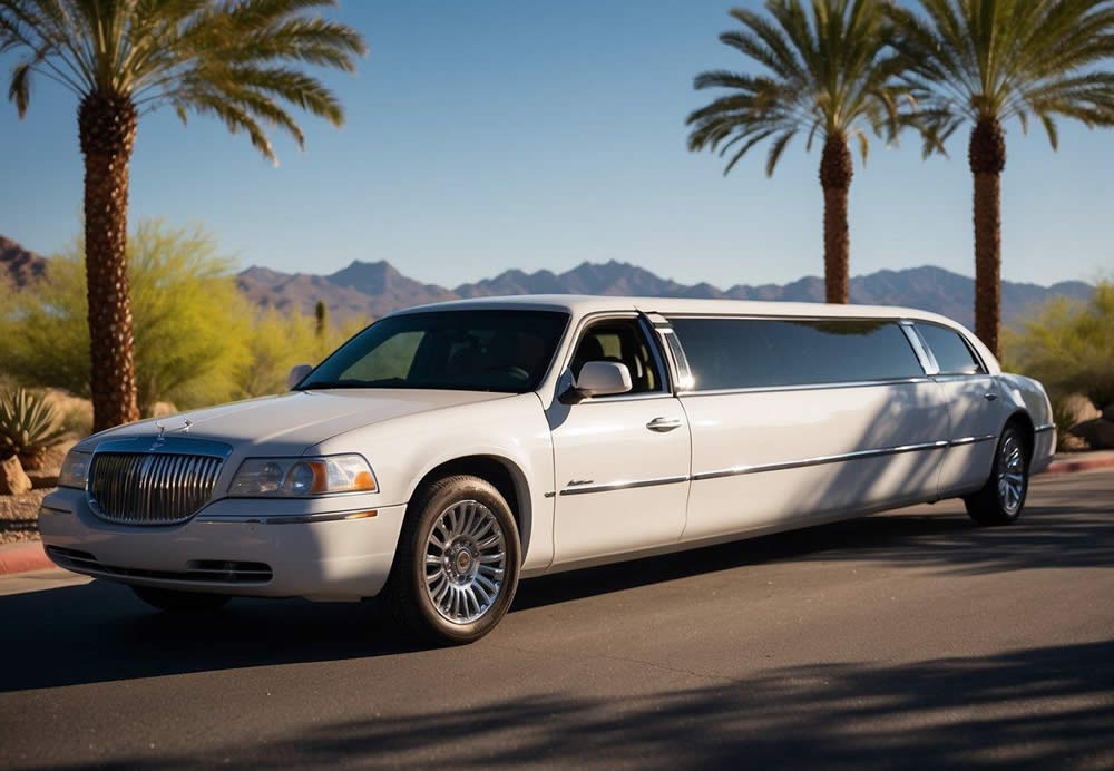 A corporate limo pulls up to Scottsdale's iconic attractions, with the city's beautiful scenery and vibrant atmosphere in the background