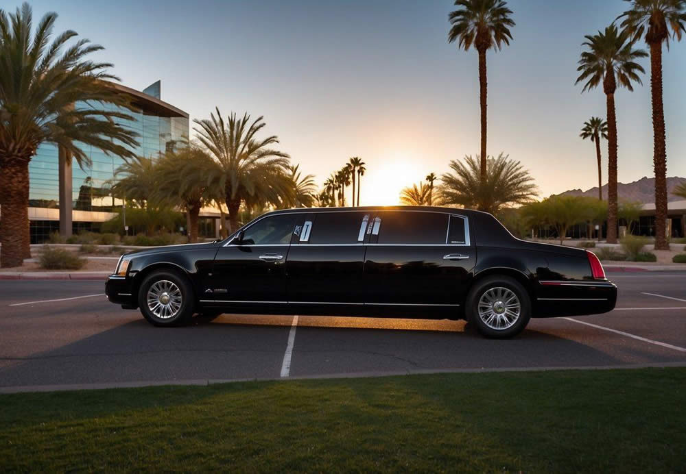A sleek black limousine pulls up to a modern office building in downtown Scottsdale, Arizona. The sun is setting, casting a warm glow on the surrounding palm trees and city skyline