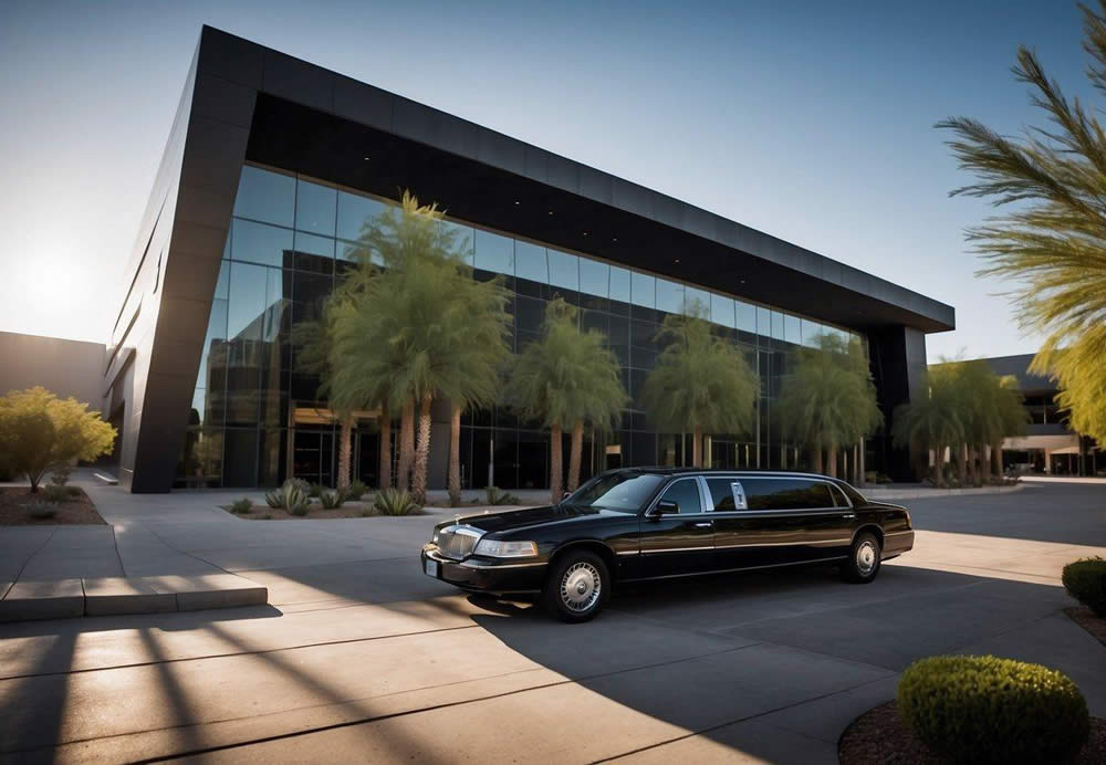 A sleek black limousine pulls up to a modern office building in Scottsdale, Arizona. The driver opens the door for a group of professionals, who step out confidently, ready for a day of business meetings and networking