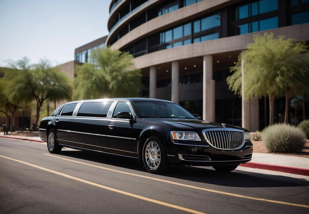 A sleek black limousine pulls up in front of a modern office building in Scottsdale, Arizona. The logo of a reputable corporate limo service is prominently displayed on the vehicle's exterior