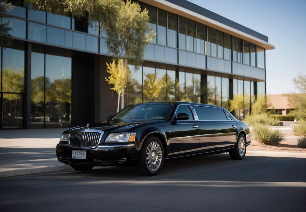 A sleek black limousine pulls up to a modern office building in Scottsdale, Arizona. The chauffeur opens the door, welcoming the passenger into a luxurious and comfortable interior