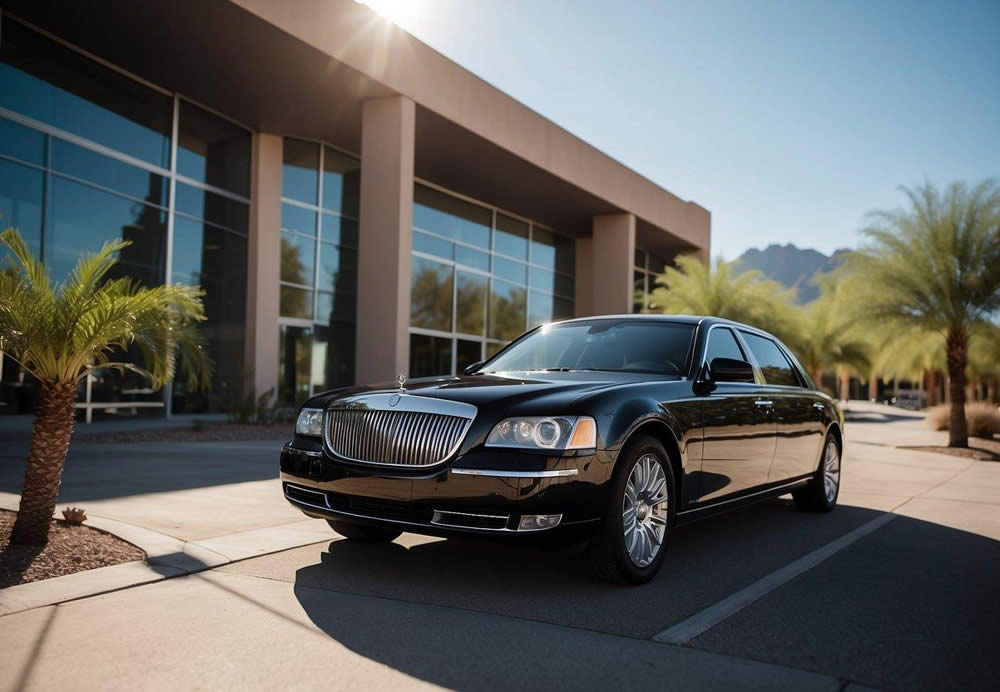 A sleek black limousine pulls up to a modern office building in Scottsdale, Arizona. The sun is shining, and the surrounding landscape is filled with palm trees and mountains in the distance