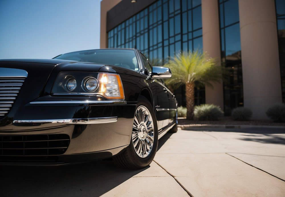 A sleek corporate limo pulls up to a modern office building in Scottsdale, Arizona. A professional chauffeur opens the door, ready to greet a client for their scheduled introduction to the limo service