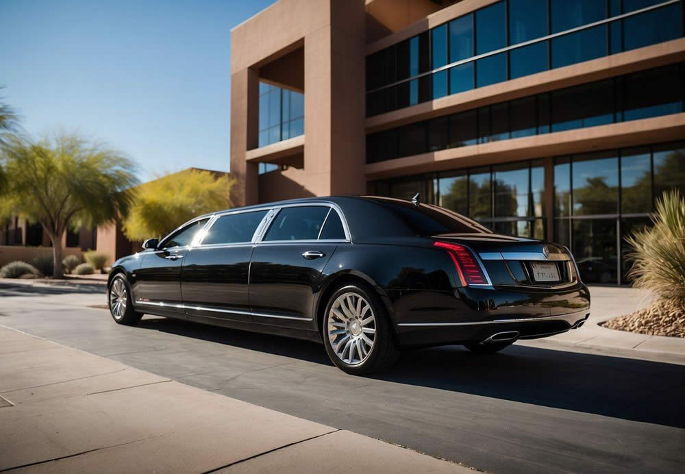 A sleek black limousine pulls up in front of a modern office building in Scottsdale, Arizona. The driver opens the door, ready to provide corporate accounts with top-notch limo services