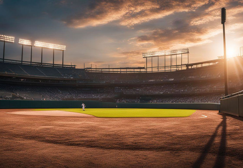 A baseball field with people in the stands