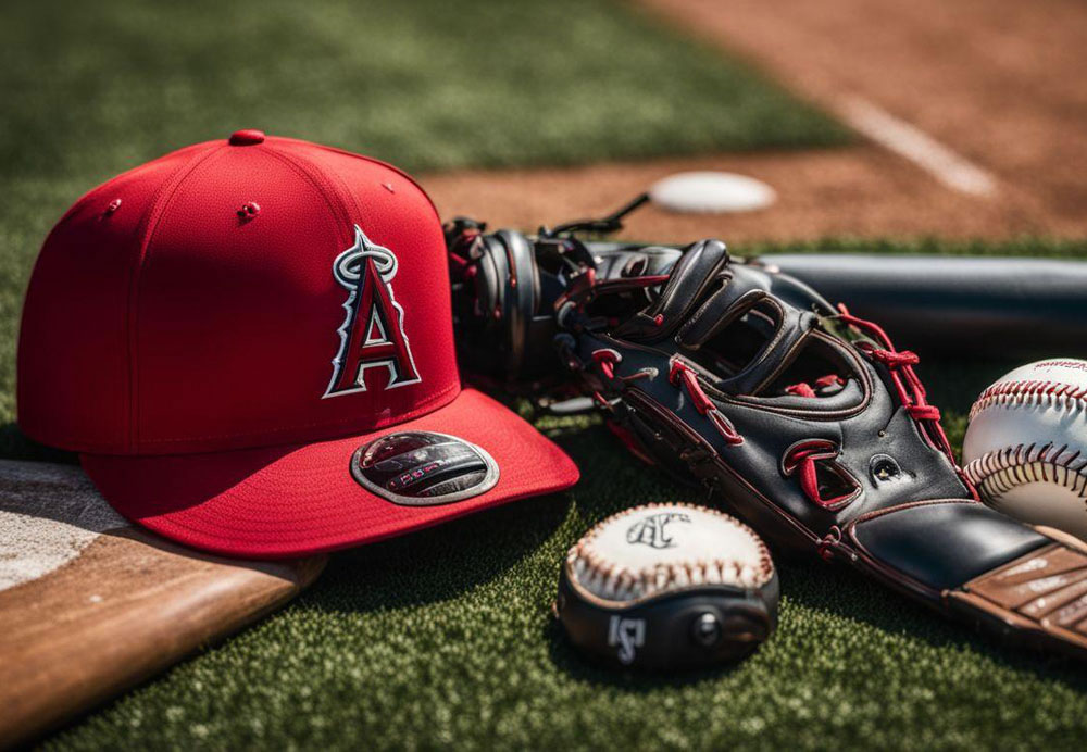 A baseball glove and hat on grass