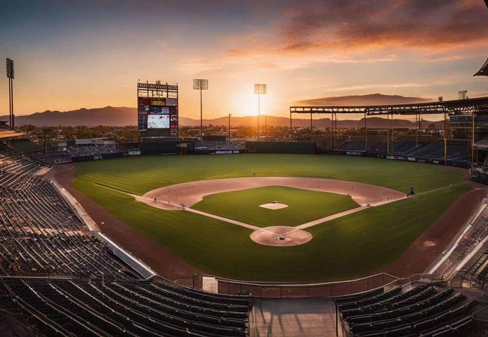 A baseball field with a sunset