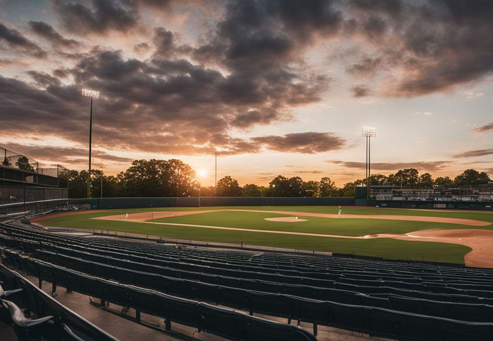 A baseball field with a sunset