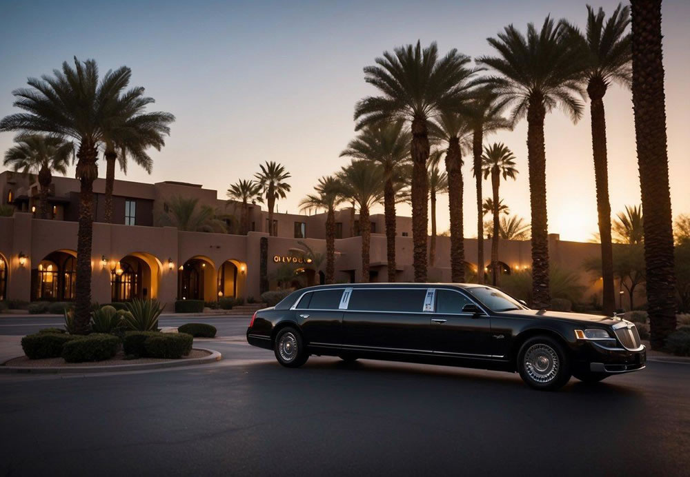 A sleek, black limousine pulls up to a luxury hotel in Scottsdale, Arizona. The sun sets behind the palm trees as the chauffeur opens the door, revealing the opulent interior