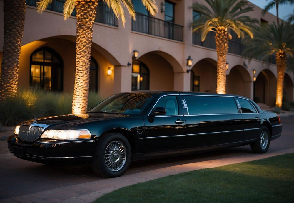 A sleek, black limousine parked outside a luxury venue in Scottsdale, Arizona. Bright lights illuminate the sign for "Occasions and Event Rentals."