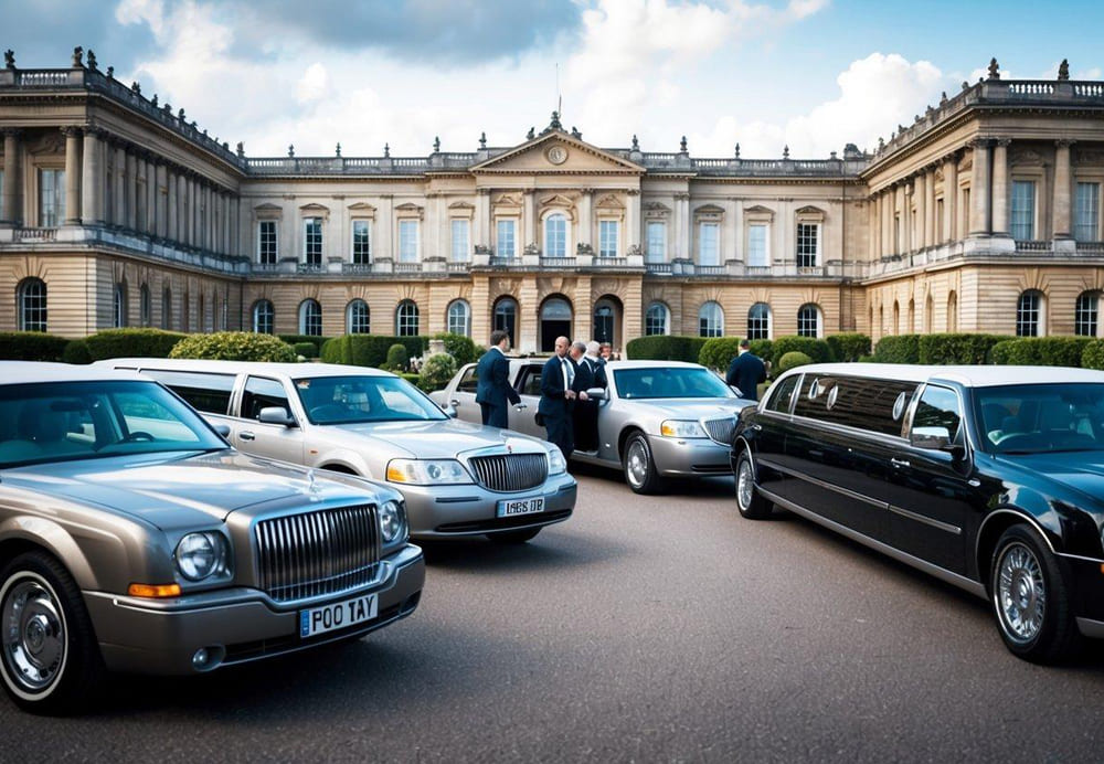 A line of vintage and modern limousines parked in front of a grand historical building, with people in formal attire entering and exiting the vehicles