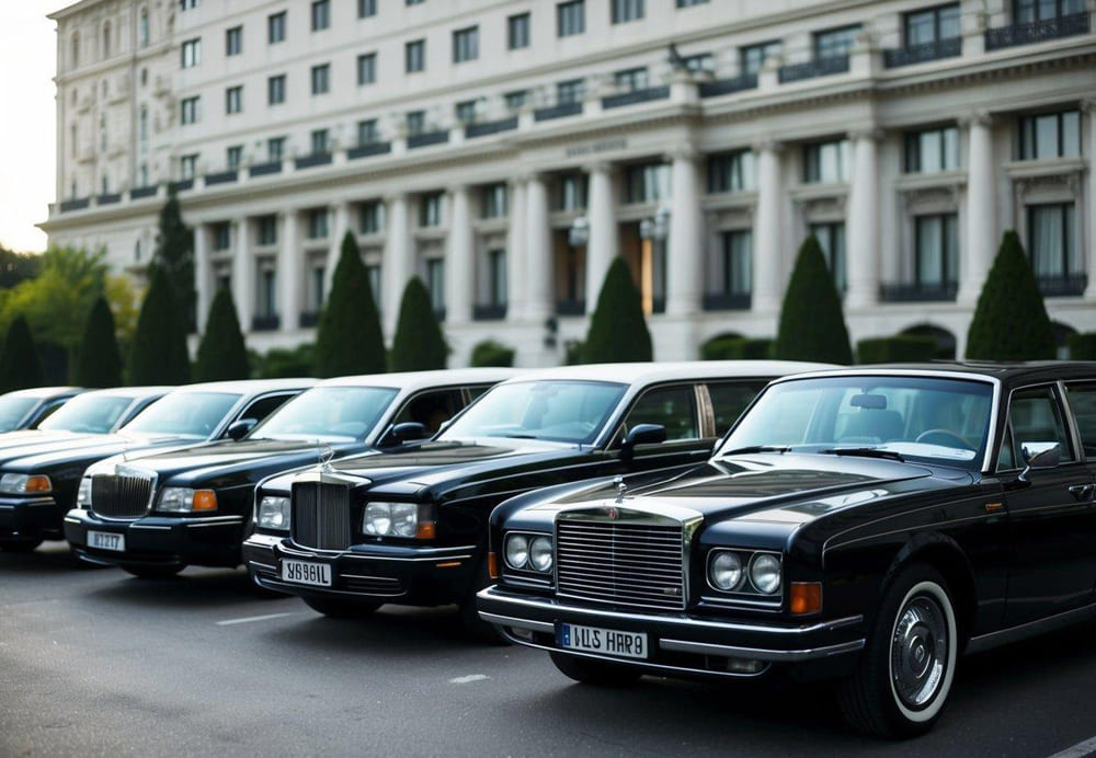 A line of classic limousines, from vintage models to modern luxury, parked in front of a grand hotel