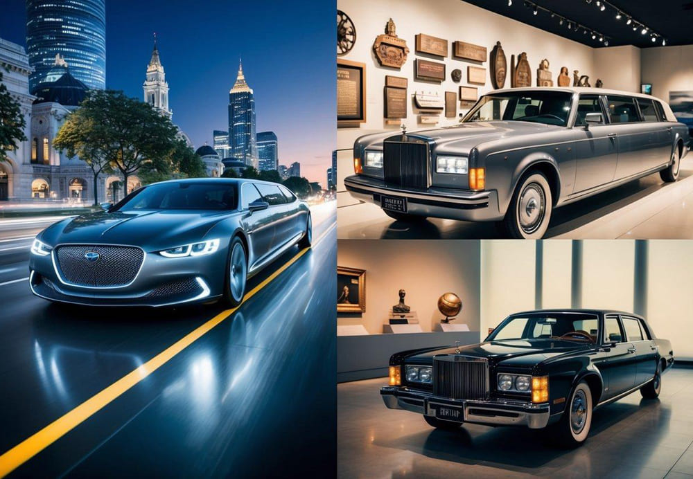 A sleek, futuristic limousine glides through a city, while a vintage limousine sits in a museum surrounded by historical artifacts