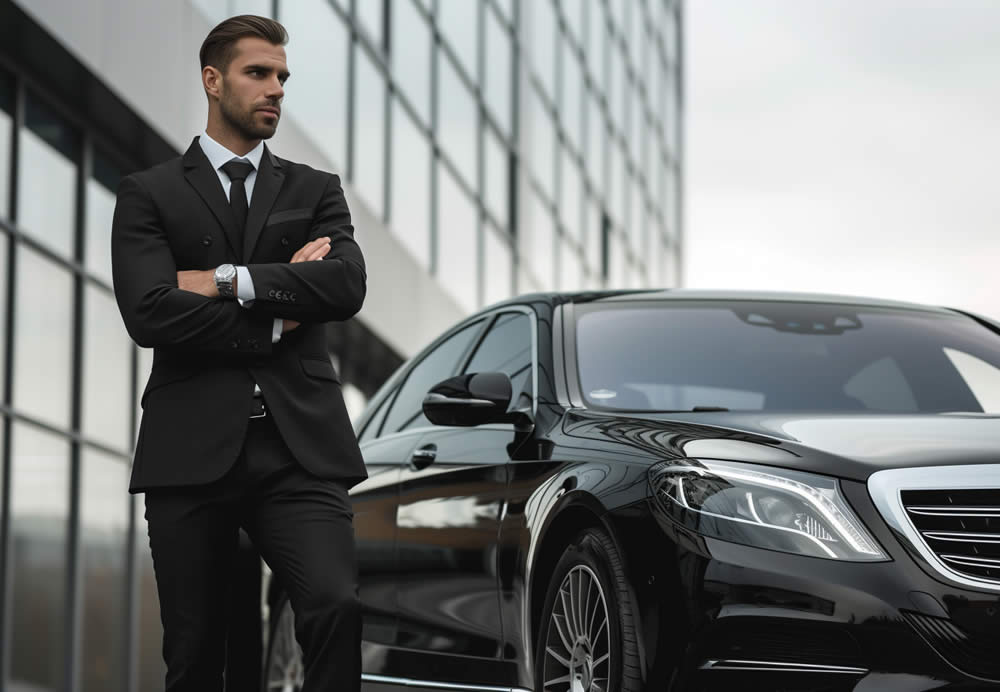 Man standing besides a Mercedes in front of a building