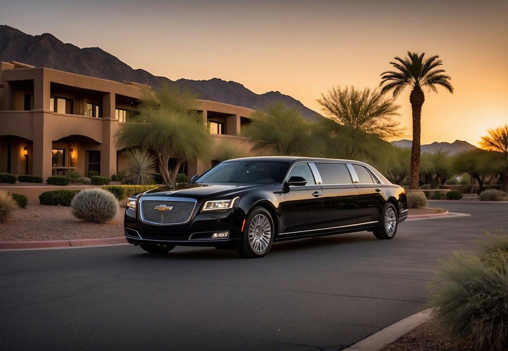 A Limo is parking in front of a villa surrounded by palm trees