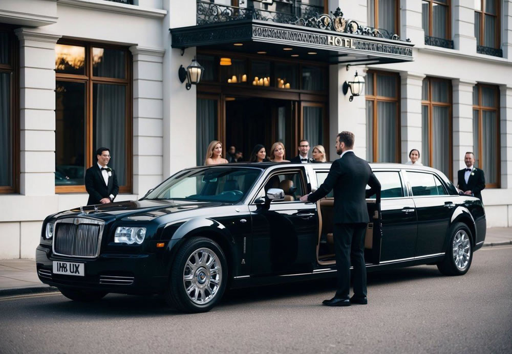 A luxurious limousine parked outside a grand hotel, with a chauffeur holding the door open for a group of elegantly dressed people