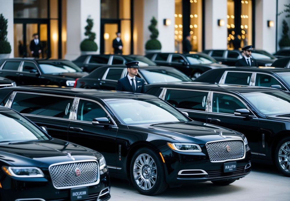 A row of sleek, black limousines lined up in front of a luxury hotel entrance, with a chauffeur standing by each vehicle