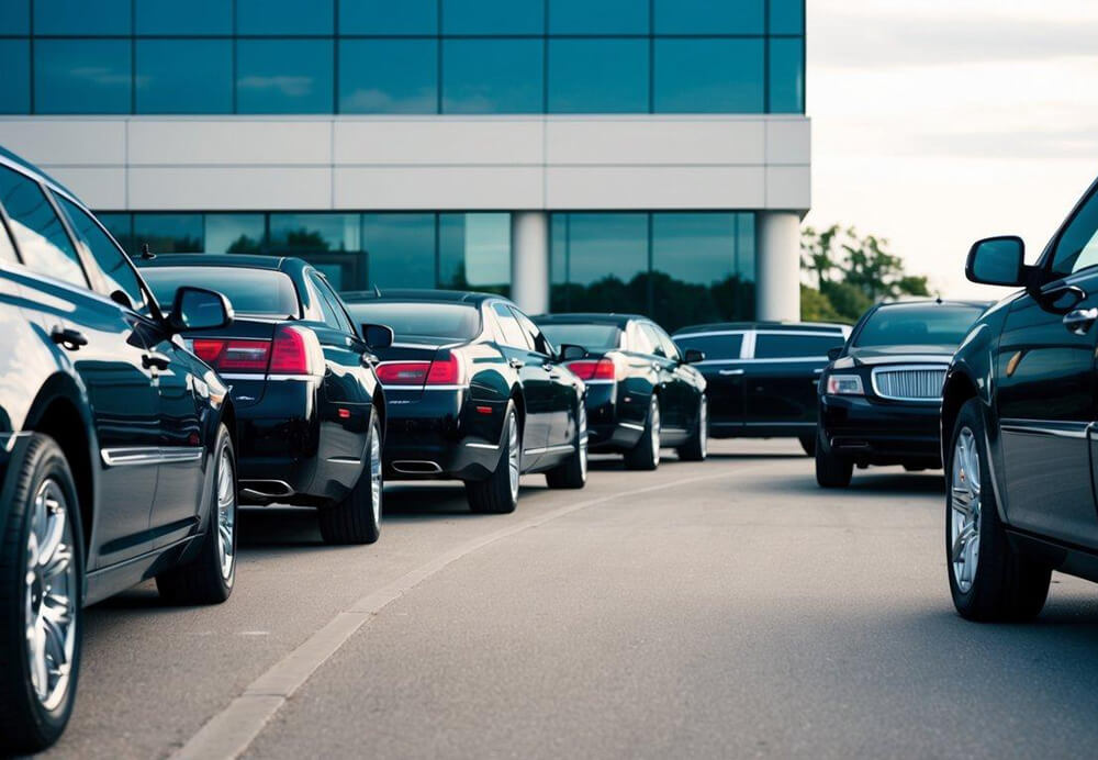 A line of sleek, black limousines parked outside a corporate office building, awaiting executives