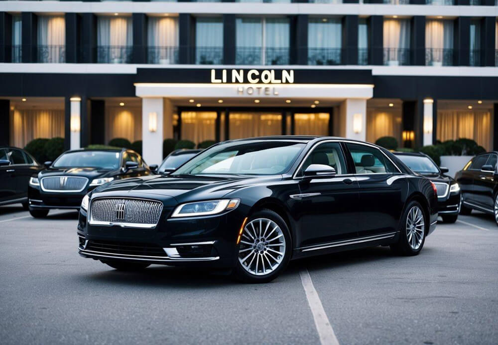 A sleek Lincoln MKT Town Car parked in front of a luxury hotel, surrounded by other elegant limousines