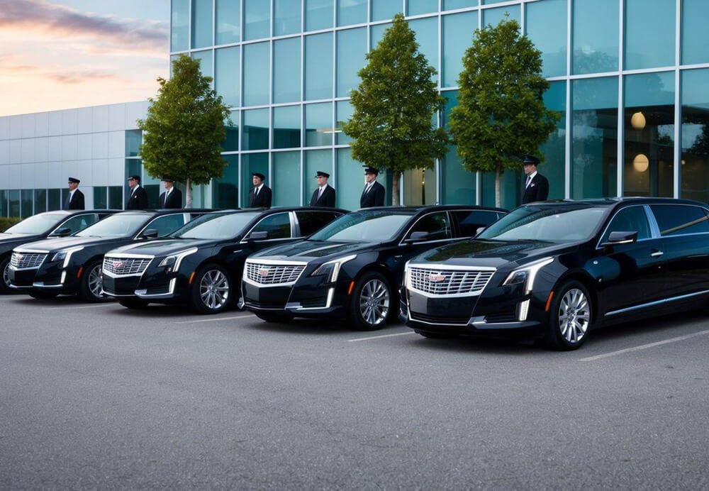 A line of luxury limousines, including the Cadillac XTS Sedan, parked outside a corporate office building, with chauffeurs waiting nearby