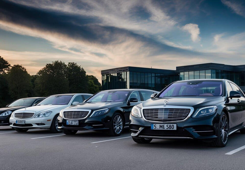 A Mercedes-Benz S-Class 580 parked next to 5 popular types of limousines for executive transportation