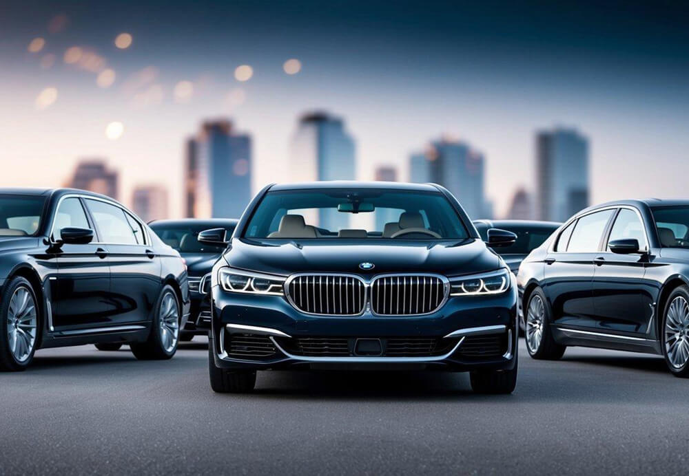 A sleek BMW 7 Series sedan surrounded by four other luxury limousines, each representing a popular type for executive transportation