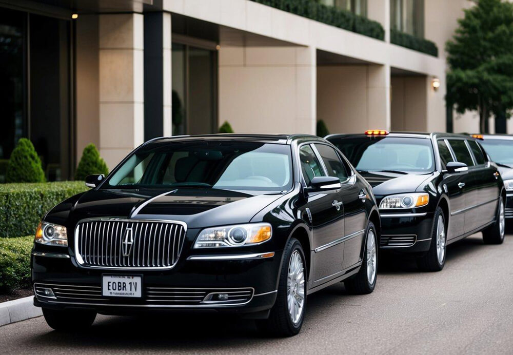 A line of sleek, black Lincoln Aviator limousines parked outside a luxury hotel, awaiting executives for transportation