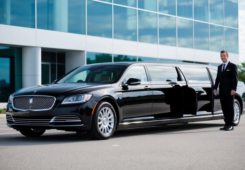 A sleek black executive limousine parked in front of a modern office building, with a chauffeur standing by the open door