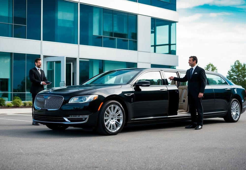 A sleek black sedan limousine parked in front of a modern office building, with a chauffeur standing by the open door ready to assist a corporate executive