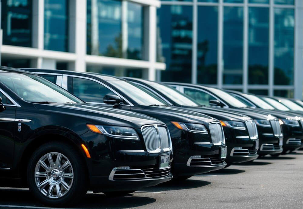 A line of sleek, black limousines parked in front of a modern office building, waiting to transport executives in style