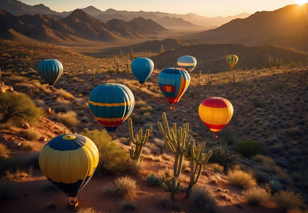 Vibrant hot air balloons float above the Sonoran Desert at sunrise, casting a colorful glow over the rugged landscape and cacti