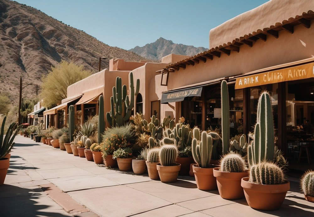 Vibrant street lined with art galleries, boutiques, and cafes. Cacti and adobe buildings create a Southwestern ambiance. Mountain backdrop adds to the scenic beauty