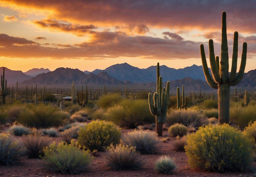 Vibrant desert landscape with iconic saguaro cacti, rugged mountains, and a colorful sunset over Scottsdale, Arizona