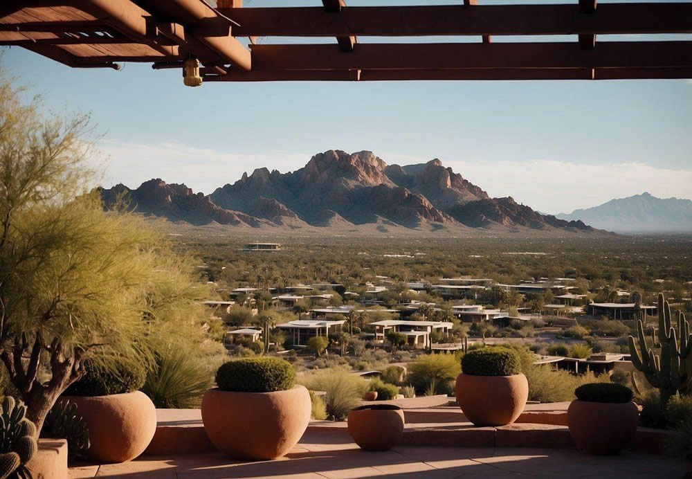 A panoramic view of Scottsdale, Arizona's top 10 architectural landmarks, including the iconic Old Town, desert botanical gardens, and Frank Lloyd Wright's Taliesin West