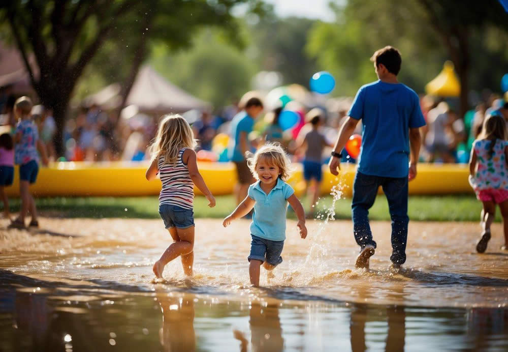 Children playing in a colorful splash pad, families picnicking in a lush park, hot air balloons floating over the desert, a bustling farmers' market, and a lively outdoor concert