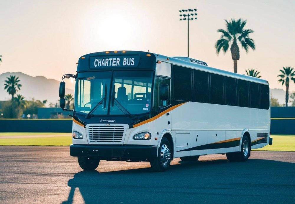 A charter bus parked outside a baseball stadium in sunny Scottsdale, Arizona, with palm trees and mountains in the background