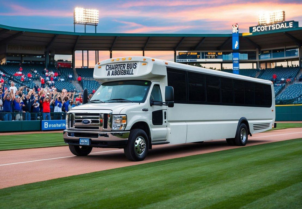 A charter bus pulls up to a baseball stadium in Scottsdale, Arizona, filled with excited fans ready for Spring Training