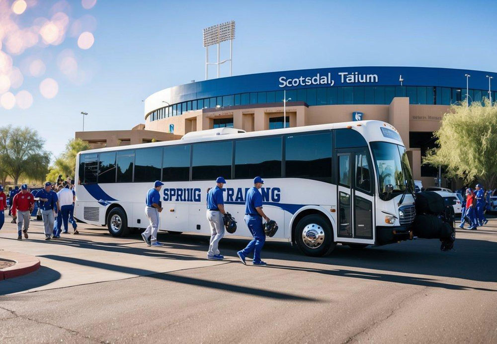 A charter bus parked outside a baseball stadium in sunny Scottsdale, Arizona, with players and fans unloading for Spring Training