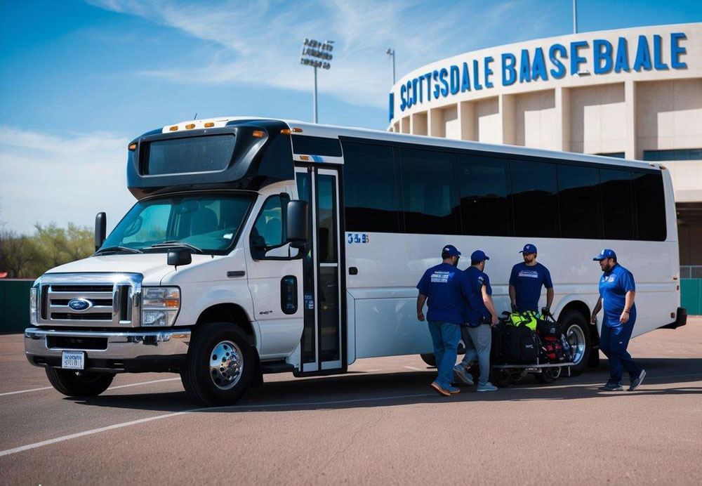 A charter bus parked outside a baseball stadium in Scottsdale, Arizona, with a group of people boarding and unloading sports equipment