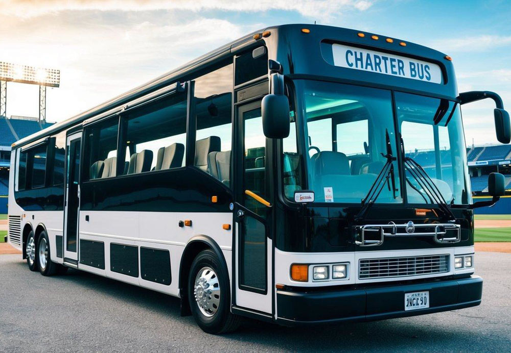 A charter bus parked outside a baseball stadium, with a spacious interior featuring comfortable seating, overhead storage compartments, and a restroom