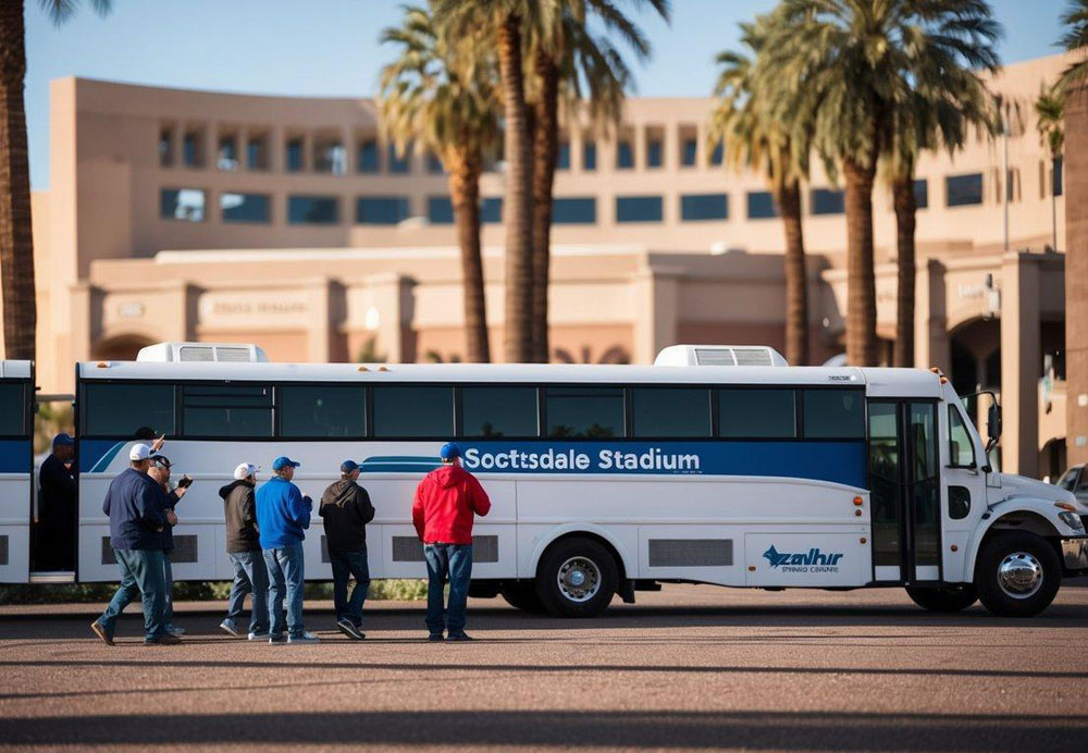 Baseball fans board charter buses in front of palm-lined Scottsdale stadium